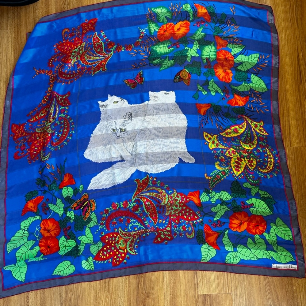Rare hugh Christian Dior 100% burn out silk 54"×54" XL - Picture 2 of 6